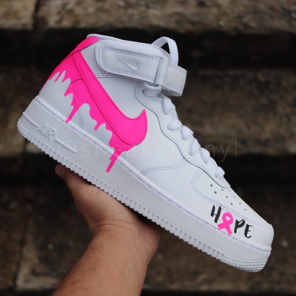 Nike Air Force 1 Mid Pink Paint drip "HOPE" Breast Cancer Awareness Cust…